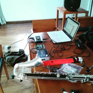 bass clarinet and the chosen preparation: a boomwhacker pipe, microphone and pedals.